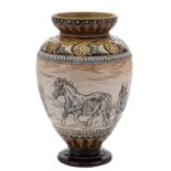 A Doulton Lambeth stoneware vase by Hannah Barlow sgraffito decorated with donkeys and ponies,