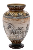 A Doulton Lambeth stoneware vase by Hannah Barlow sgraffito decorated with donkeys and ponies,