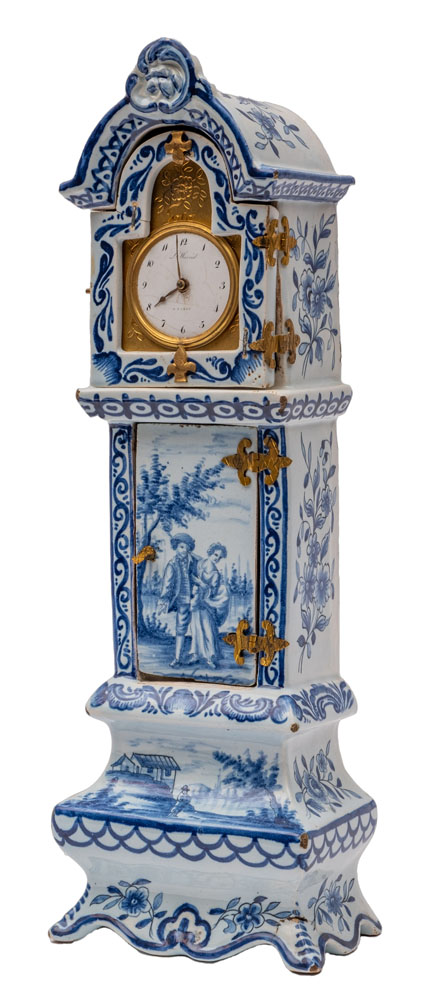 A Dutch blue and white delftware model of a longcase clock containing a late 18th Century watch - Image 2 of 3