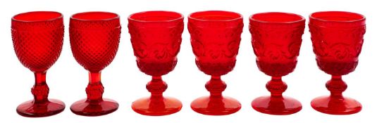 A mixed group of red and cranberry glass, including wine glasses [some moulded], glass coolers,