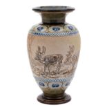 A Doulton Lambeth stoneware vase by Hannah Barlow sgraffito decorated with stags in a landscape