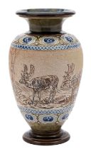 A Doulton Lambeth stoneware vase by Hannah Barlow sgraffito decorated with stags in a landscape