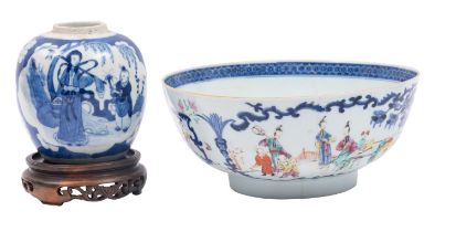 A Chinese blue and white jar and a famille rose export bowl the jar painted a boy presenting a