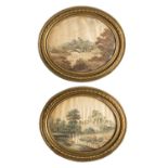 A pair of George III embroidered silkwork pictures, last quarter 18th century; of oval form,