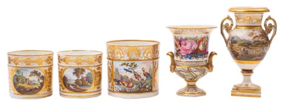 A group of three early 19th century Derby porter mugs and two similar vases the mugs painted with