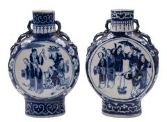 A pair of Chinese blue and white moon flasks with chilong handles,