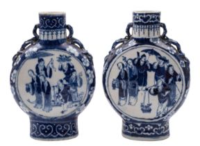 A pair of Chinese blue and white moon flasks with chilong handles,