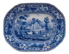 A Pineapple Border series meat plate, transfer decorated in blue with Valle Crucis Abbey, Wales,