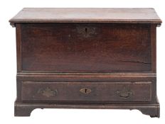 An 18th-century oak cofferbach; with a rectangular moulded hinged top, single drawer at base,