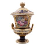 A Derby porcelain campana pedestal vase and matched cover with bud finial and serpent handles,