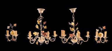 A pair of Italian painted metal five light chandeliers,