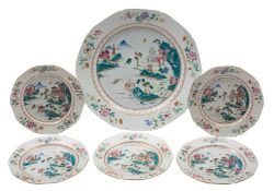 A Chinese famille rose charger and five matching plates with shaped rims,