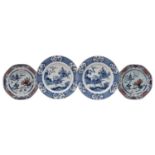 A pair of Chinese blue and white plates in Kangxi style and a pair of octagonal plates the first