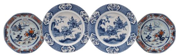 A pair of Chinese blue and white plates in Kangxi style and a pair of octagonal plates the first