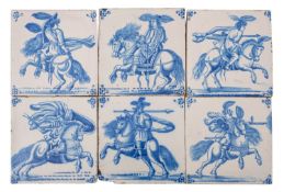 Six Dutch delft tiles, each painted in blue with a mounted cavalry soldier brandishing a sword,