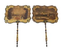 A pair of Victorian papier mache face screens, mid-19th century,