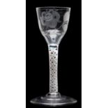 An opaque twist wine glass of Jacobite interest the ogee bowl engraved with an open rose,