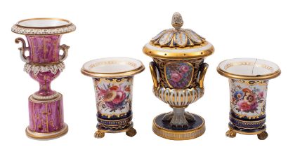 A mixed lot comprising a French pot-pourri vase and cover in the Derby style, faux puce mark,