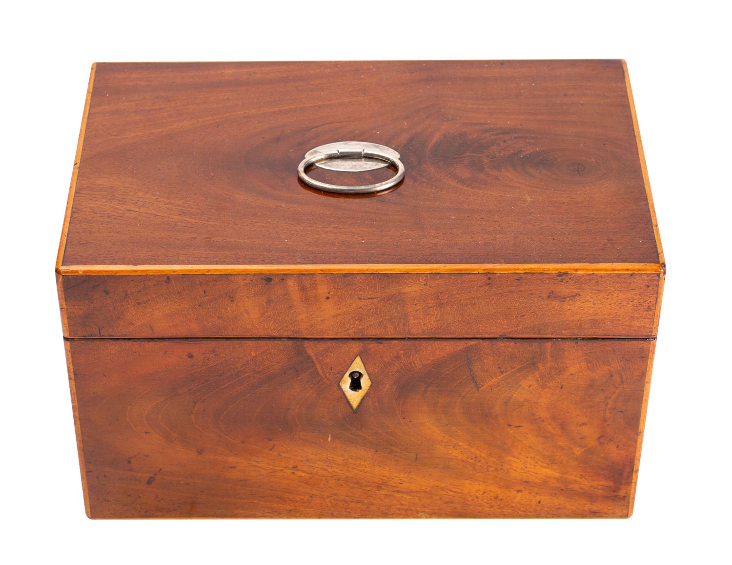 A late George III mahogany and sycamore strung tea caddy,