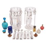 A mixed lot of glassware including a pair of clear glass table lustres on star cut bases,