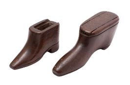 Two late George III treen snuff shoes, circa 1800; of typical form,