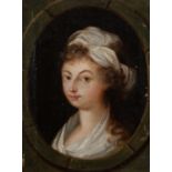 French School (circa 1790) Portrait of a young woman in a white dress wearing a white turban in a