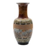 A Doulton Lambeth stoneware vase by Hannah Barlow sgraffito decorated with cattle in a grassy