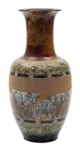 A Doulton Lambeth stoneware vase by Hannah Barlow sgraffito decorated with cattle in a grassy