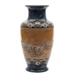 A Doulton Lambeth stoneware vase by Hannah Barlow sgraffito decorated with a flock of sheep in a