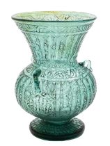 A glass mosque lamp, probably Syrian the pale green body acid etched with calligraphic decoration,