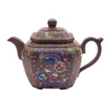 A Chinese famille-rose enamelled Yixing teapot and cover signed Zhu Zhenglin of octagonal globular