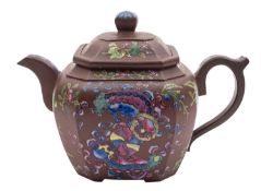A Chinese famille-rose enamelled Yixing teapot and cover signed Zhu Zhenglin of octagonal globular