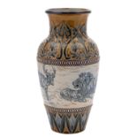 A Doulton Lambeth stoneware vase by Hannah Barlow sgraffito decorated with a lion and wolves