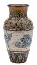 A Doulton Lambeth stoneware vase by Hannah Barlow sgraffito decorated with a lion and wolves