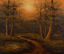 British School, 20th Century A Woodland pathway, Oil on canvas,