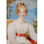 WITHDRAWN British School (Circa 1830) Portrait of Mrs Rowles, half length, in a white dress,