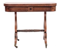 A Regency mahogany and inlaid card table; bordered with ebony lines,