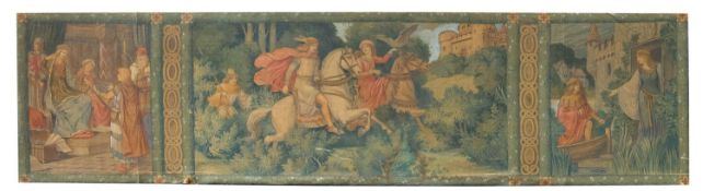 A painted fabric pictorial panel in the manner of a tapestry,