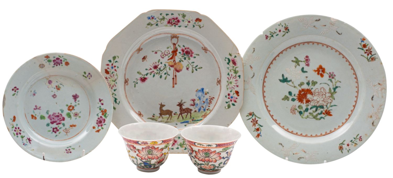 A pair of Chinese Peranakan-style famille rose flared teabowls and three export dishes the bowls