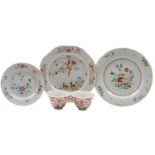 A pair of Chinese Peranakan-style famille rose flared teabowls and three export dishes the bowls