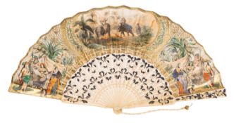 A C19th bone fan; with pierced sticks, the leaves with Indian hunting scenes,