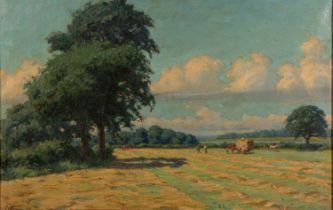 G Hering (British, 20th Century) Haymaking by the Solent Oil on canvas 37.