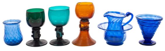 A mixed quantity of coloured glass, including three blue glass scent bottles,