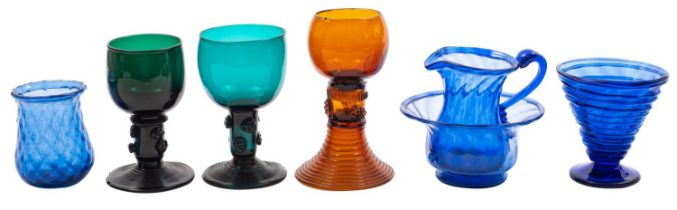 A mixed quantity of coloured glass, including three blue glass scent bottles,