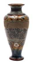 A large Doulton Lambeth stoneware vase by Hannah Barlow sgraffito decorated with Highland Cattle in