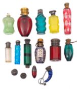 A group of thirteen late 19th century coloured glass scent bottles with plated and gilt-metal