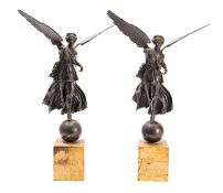 A pair of Neapolitan bronze and marble mounted Grand Tour souvenir models of winged Nikes,