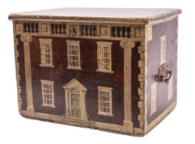 A Victorian pine small trunk or slipper box, painted overall as a Georgian mansion,