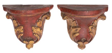 A pair of French carved and painted wood wall brackets, in Louis XV taste,