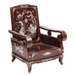 A Chinese lacquer and mother-of-pearl inlaid armchair, 20th century; decorated with cockerels,